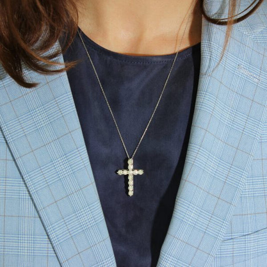 Tiffany and Co Diamond Cross Pendant; set with 11 round brilliant-cut diamonds totalling 2.20 carats, in 18ct white gold, with original box
