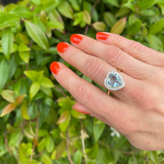 Edwardian Antique 6ct Aquamarine and Diamond Heart Cluster Ring in 18ct Yellow Gold