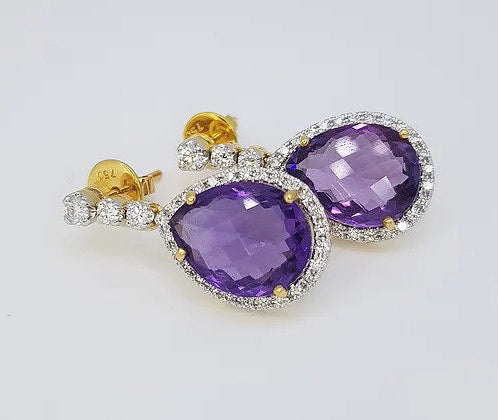 Pear Shaped Amethyst and Diamond Drop Earrings, 18ct yellow gold.