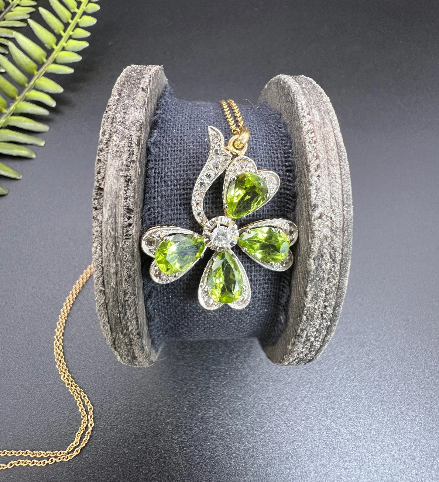 Edwardian Antique Peridot and Diamond Four Leaf Clover Pendant