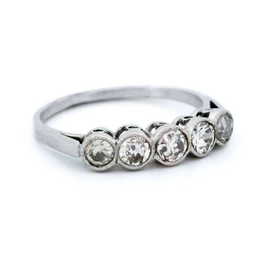 Art Deco Platinum Five Stone Old Mine-Cut Diamond Ring, 0.60 Carat