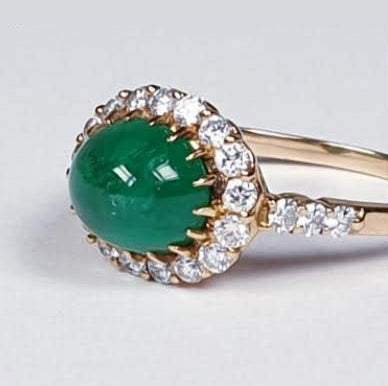 Vintage French 2ct Cabochon Emerald and Diamond Cluster Ring