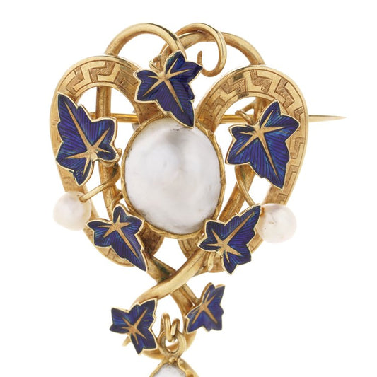 Victorian Antique 18ct Gold Brooch with Blue Enamel and Pearls