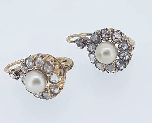 Victorian Rose Cut Diamond and Natural Pearl Cluster Drop Earrings; natural pearls surrounded by rose-cut diamonds. With French fittings tested as high carat gold