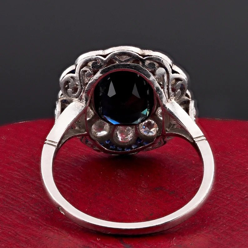 Antique Edwardian French Sapphire Diamond Platinum Floral Cluster Ring