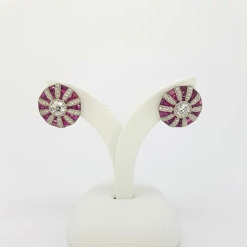 Ruby, Diamond and Platinum Cluster Target Stud Earrings