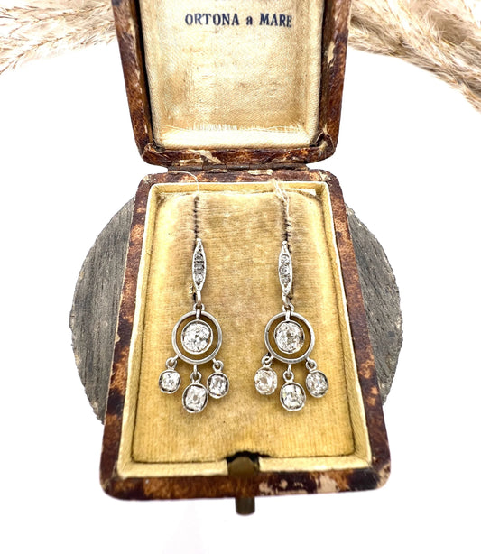 A pair of platinum old cut diamond drop earrings, in an antique box