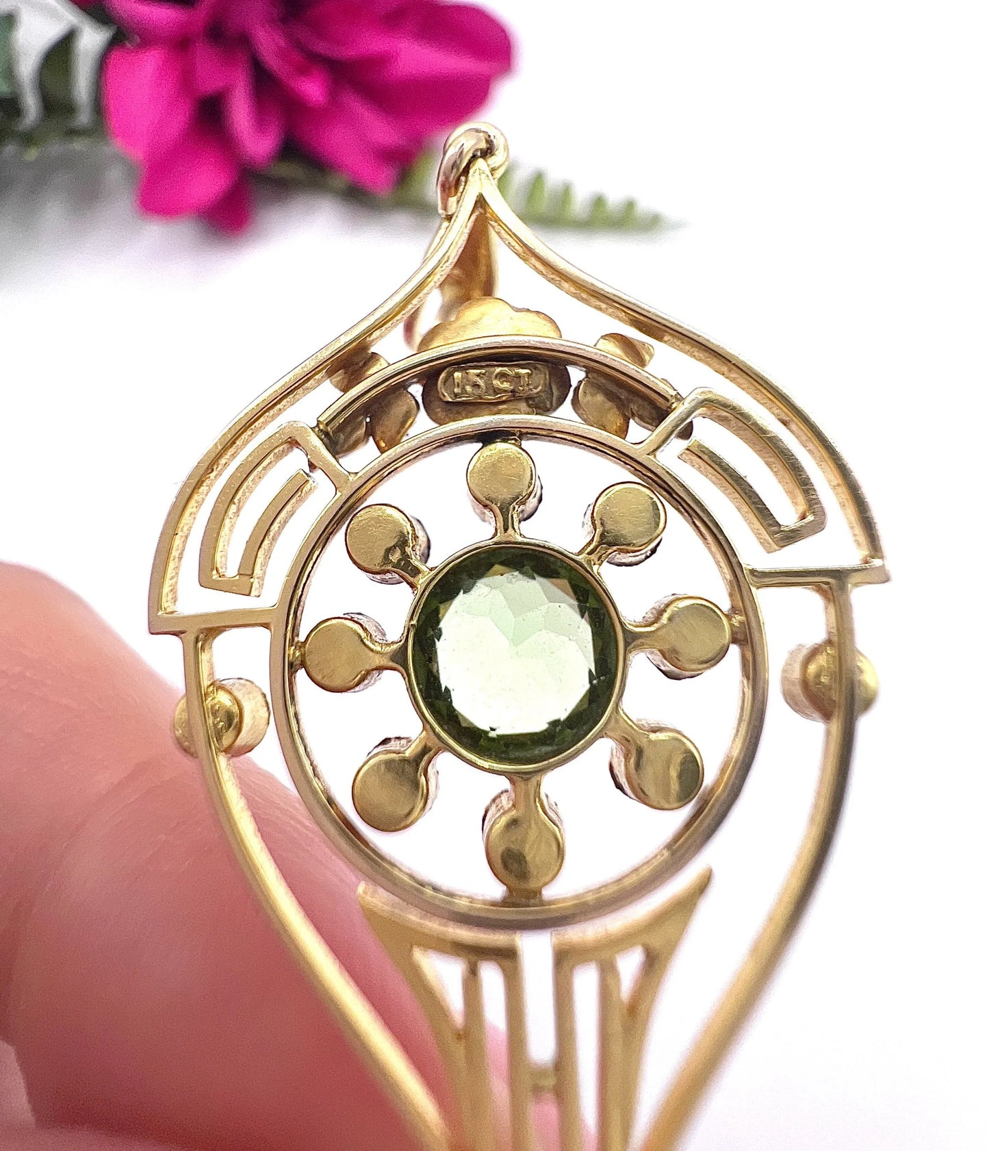 Antique 15 Carat Yellow Gold Peridot and Seed Pearl Drop Pendant, Circa 1910