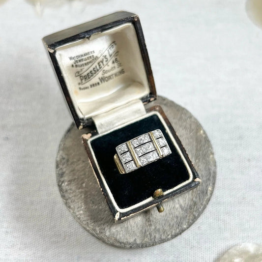 Vintage French 1940s Diamond Cocktail Tank Ring