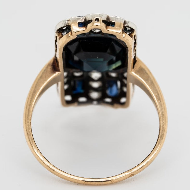 Art Deco 4.50ct Octagonal Cut Sapphire and Diamond Cluster Tablet Plaque Ring