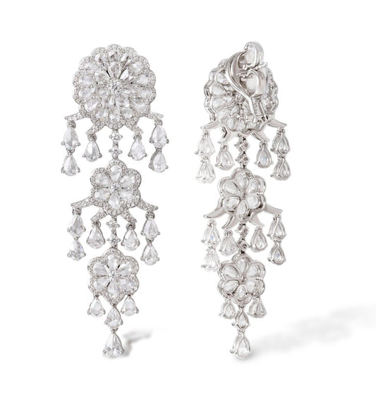 Diamond Floral Chandelier Earrings, 9.77 carat total, 18ct White Gold
