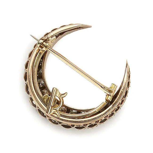 Antique 4ct Old Mine Cut Diamond Crescent Moon Brooch