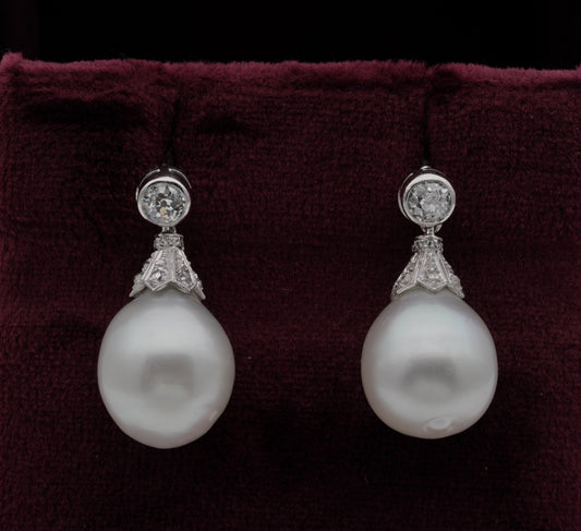 Art Deco South Sea Pearl and Diamond Drop Earrings