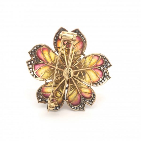 Plique-a-Jour Enamel, Ruby and Diamond Flower Brooch