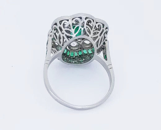 Vintage Emerald and Diamond Floral Cluster Dress Ring, in platinum