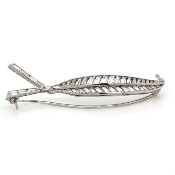 Vintage 1950s Baguette Cut Diamond and Platinum Leaf Brooch