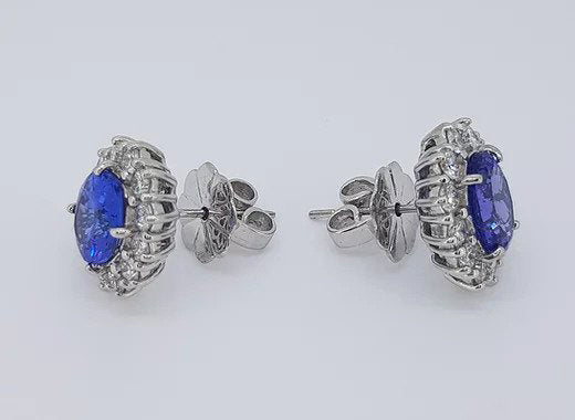 5.21ct Tanzanite and Diamond Oval Cluster Stud Earrings, 18ct White Gold