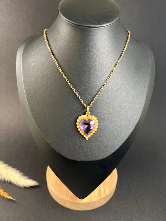 Antique Amethyst And Pearl Heart Pendant In 15 Carat Yellow Gold