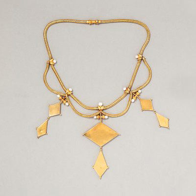 Antique Victorian Etruscan Style Yellow Gold and Micromosaic Pendant Necklace