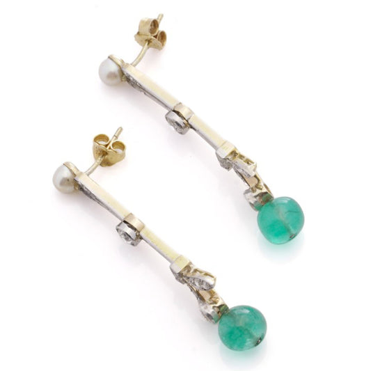 Edwardian Antique Emerald Pearl Diamond Drop Earrings, 1.70 carats