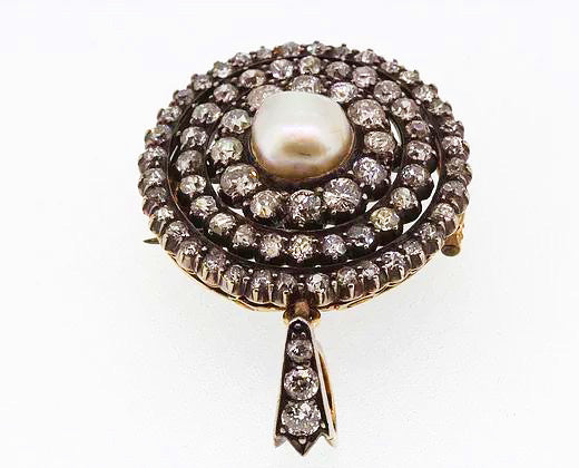 Antique Pearl and Old Cut Diamond Pendant Brooch, Silver and Gold