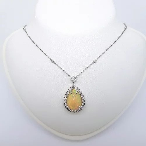 Opal and Diamond Pear Cluster Pendant Necklace 18ct Gold, 10.00 carats