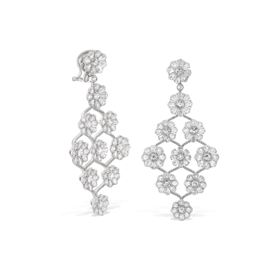 Rose Cut Diamond Floral Cluster Drop Earrings; featuring 11.52 carats of round and pear-shaped rose-cut diamonds accented with 247 round brilliant-cut diamonds, all choreographed into an orchid of cascading roses