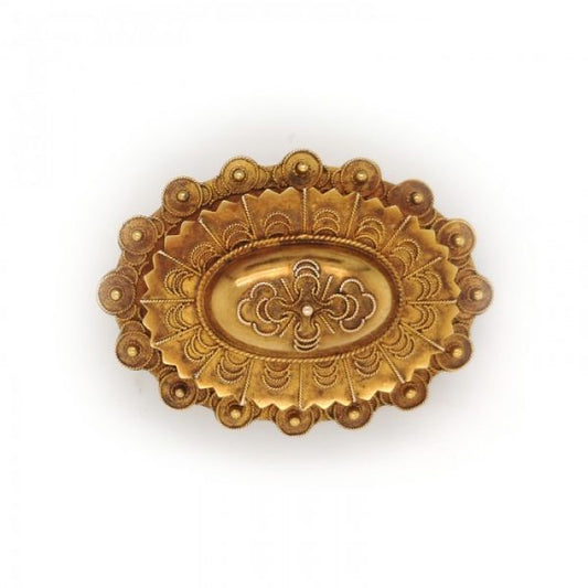 Antique Victorian Etruscan Gold Brooch and Earrings Suite; each with central dome and decorated with Etruscan style wire work, in 15ct yellow gold, Circa 1875