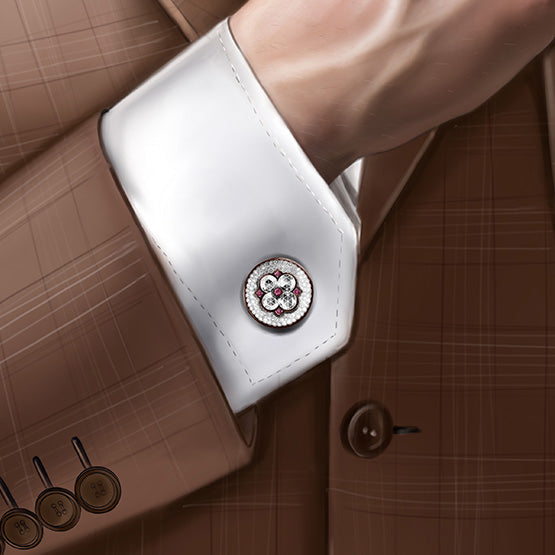 Rose Cut Diamond and Ruby Cufflinks; formed of eight rose cut diamonds and ten intricately cut rubies, black rhodium finish, 2.16 carat total, 18ct gold