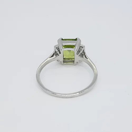 Emerald Cut Peridot, Diamond and Platinum Ring