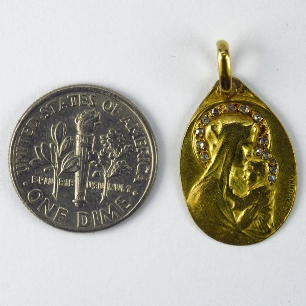 French Madonna and Child 18ct Yellow Gold Charm Pendant with Rose Cut Diamonds, Signed by Rasumny
