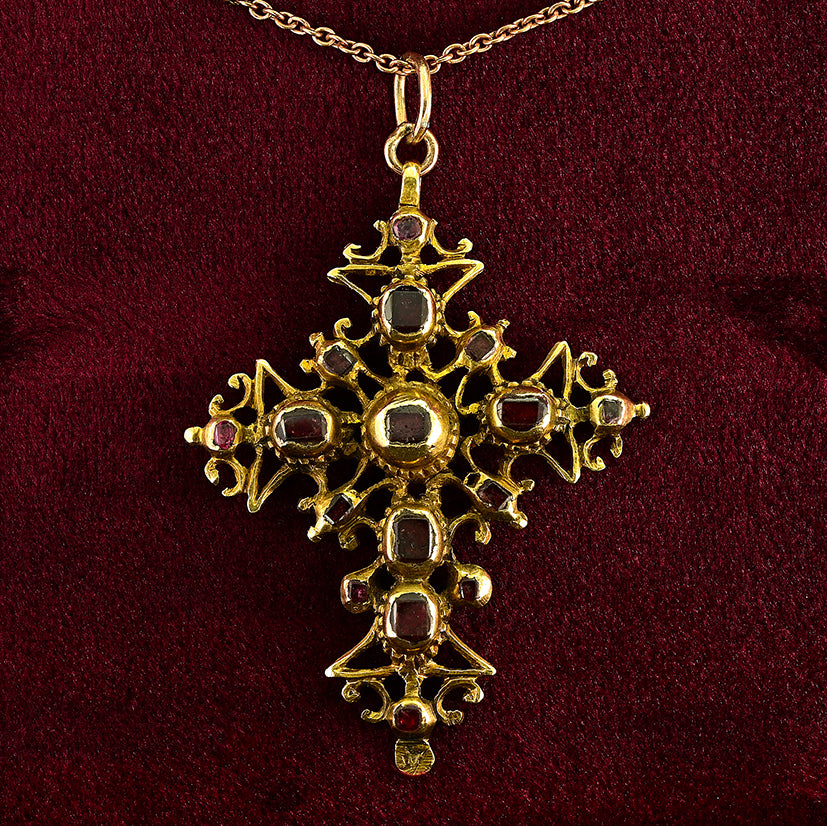 Georgian Antique Table Cut Garnet and Ruby Set 18ct Yellow Gold Cross Pendant, Mid 18th century Circa 1740