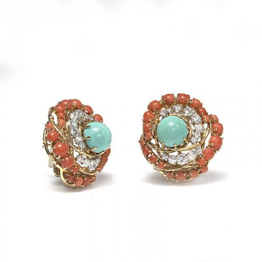 Vintage French Turquoise, Coral and Diamond Cluster Clip On Earrings; featuring central cabochon turquoise surrounded by a swirl of brilliant cut diamonds and cabochon cut corals, in 18ct yellow gold, Circa 1960s