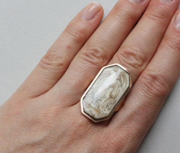 Antique Large Octagonal Gold Mourning Ring, late 18th Century, with a miniature of a gentleman standing against a tombstone with a weeping willow grieving his deceased beloved. England, Circa 1790