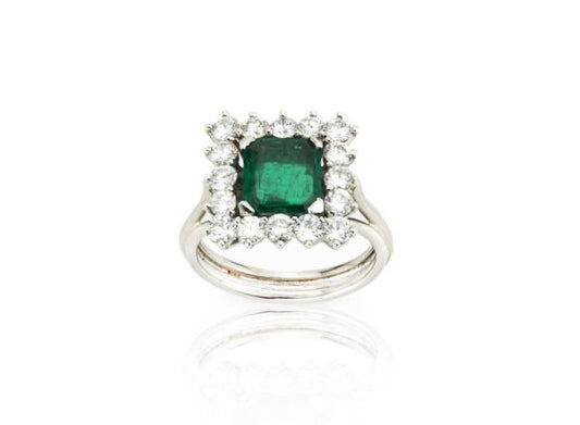 1.43 Natural Colombian Emerald and Diamond Square Cluster Ring; 1.43ct octagonal-cut emerald surrounded by 1.12cts diamonds, in 18ct white gold, with GCS Certificate