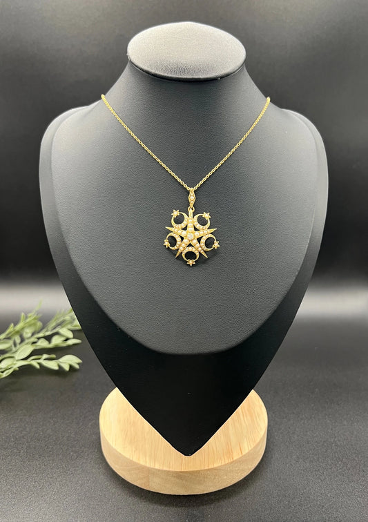 Antique 15 Carat Gold Diamond and Seed Pearl Crescent Star Pendant/Brooch