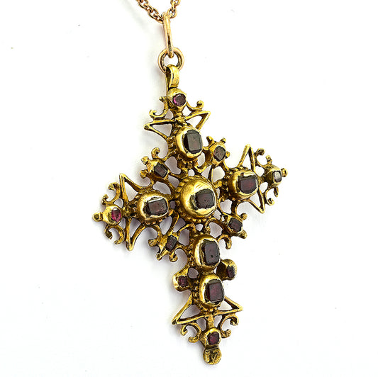 Georgian Antique Table Cut Garnet and Ruby Set 18ct Yellow Gold Cross Pendant, Mid 18th century Circa 1740