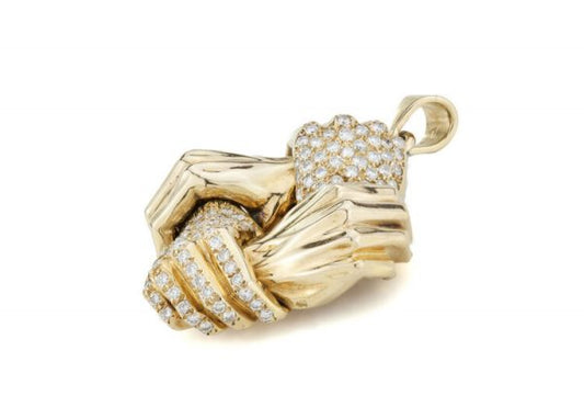 French 3ct Diamond Set Four Hand Symbol 18ct Yellow Gold Pendant