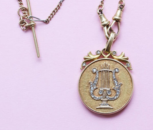 Art Nouveau Rose Cut Diamond Gold Lyre Locket Pendant