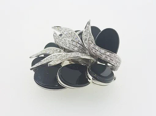 Onyx and Diamond Floral Brooch