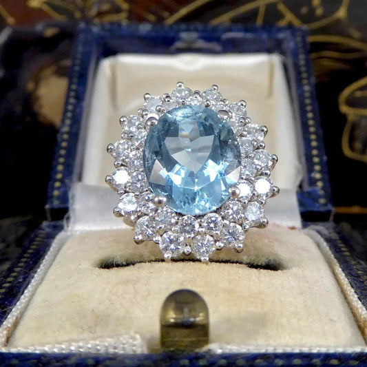 Vintage 4.30ct Oval Aquamarine and Diamond Double Cluster Ring in Platinum