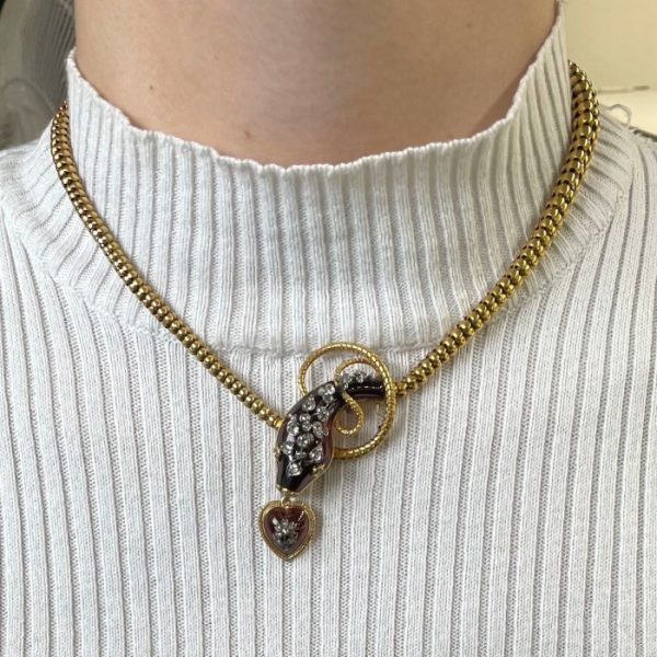 Antique Victorian Garnet Diamond and Gold Snake Necklace