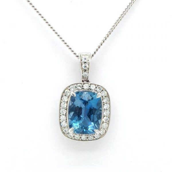 1.98ct Cushion Cut Aquamarine and Diamond Cluster Pendant; cushion-cut aquamarine with diamond surround, diamond set bale, 18ct white gold