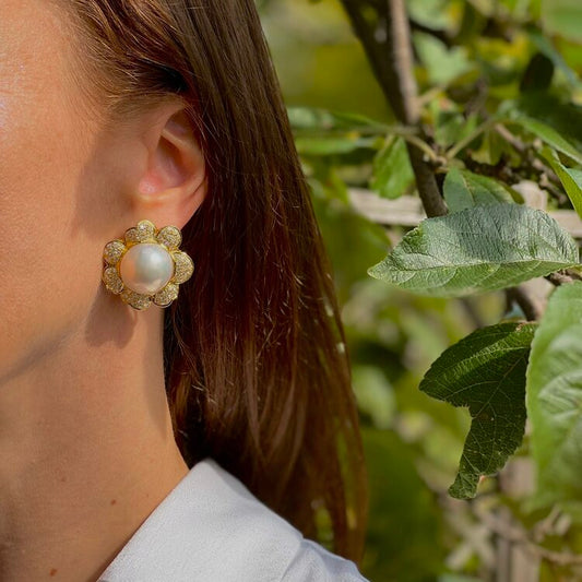 Pearl and Diamond Flower Cluster Earrings