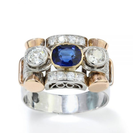 Vintage Sapphire and Old Cut Diamond Dress Ring in 18ct white and yellow gold