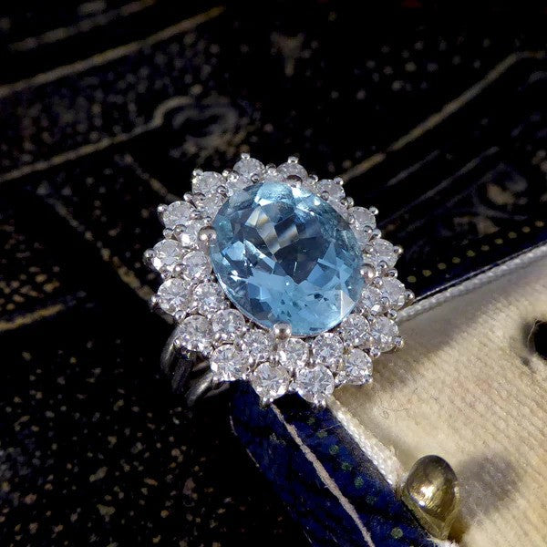 Vintage 4.30ct Aquamarine and Diamond Double Cluster Ring in Platinum