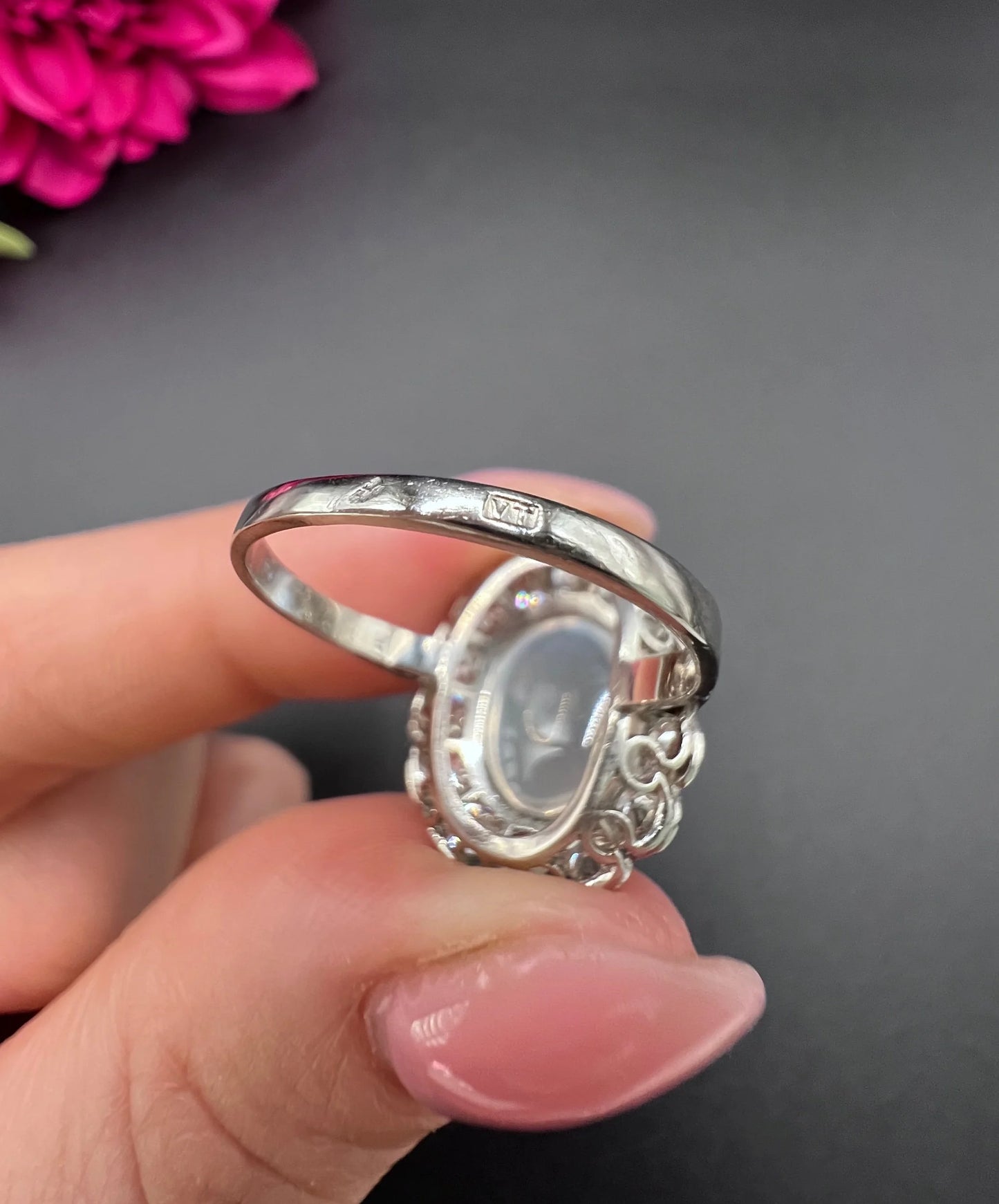 Antique French Platinum Cabochon Moonstone and Diamond Cluster Ring, Circa 1920