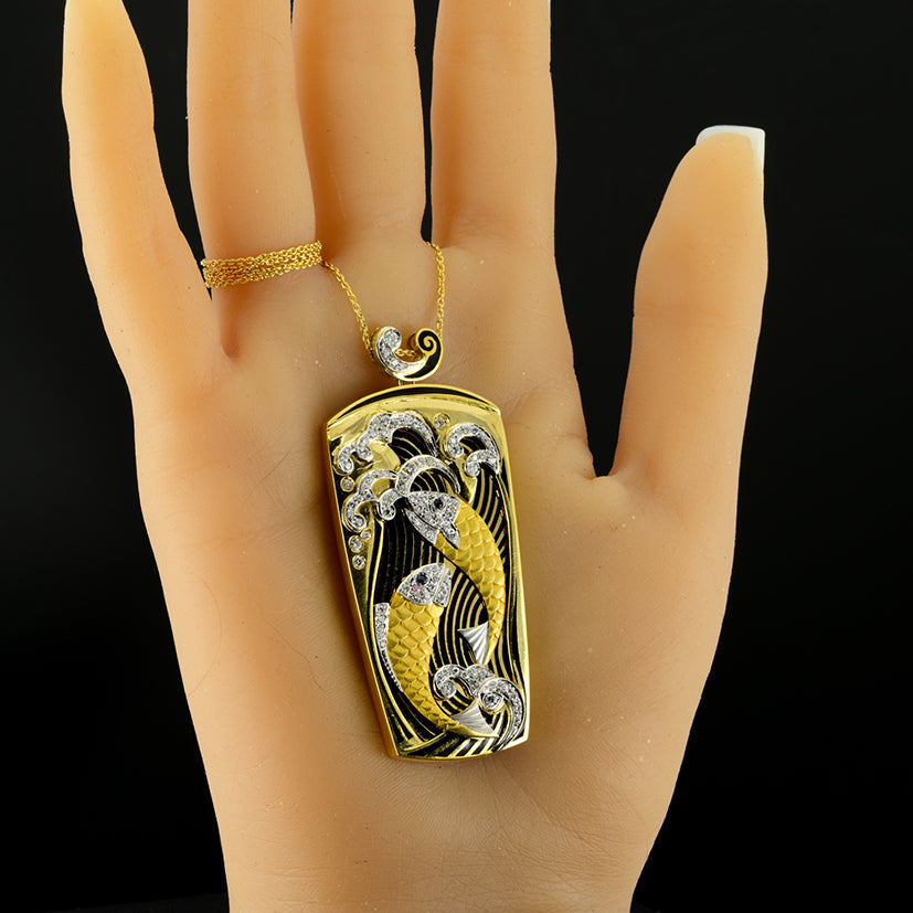 Vintage Estate 1970s Enamel and 2ct Diamond Koi Carp Fish Gold Pendant