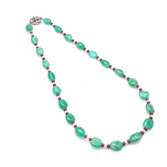 Art Deco Cabochon Emerald Bead Necklace with Rubellites and Seed Pearls, diamond set platinum hidden box clasp