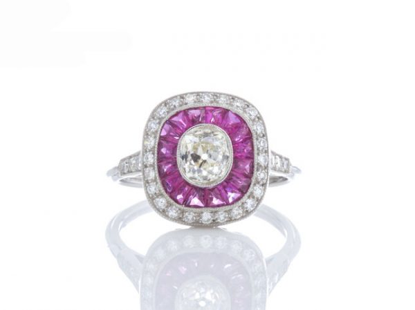 Art Deco Style Old Diamond and Ruby Cluster Target Ring in Platinum